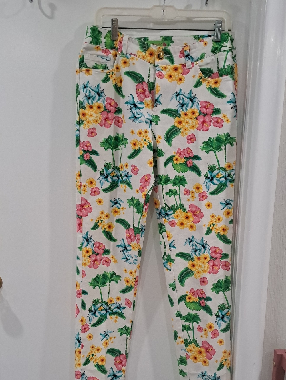 Island Republic White Floral Pants with Pink & Yellow Flowers